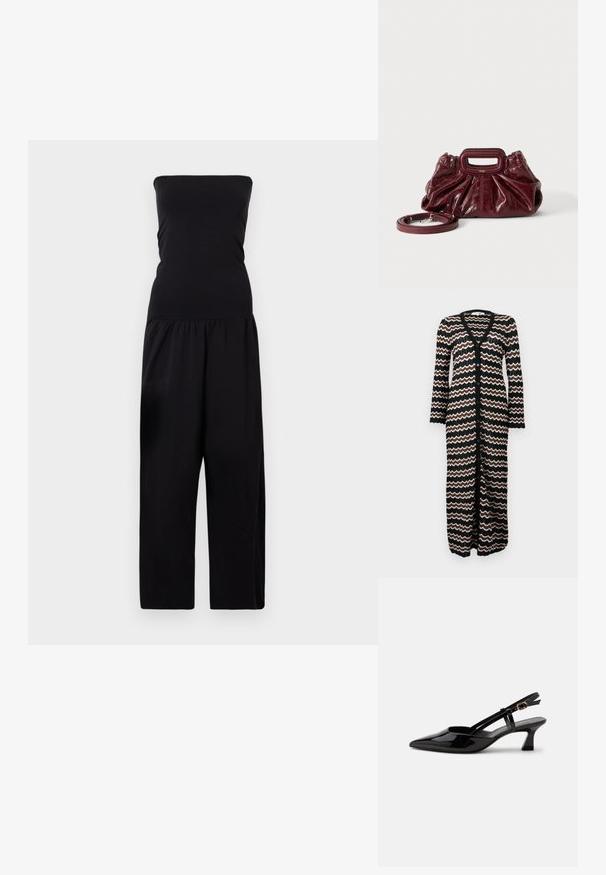 By Malene Birger MARCIEL - Buksedragter - black; Lang cardigan med sort bund og zigzag mønstre i brun og creme. Lavet af en let strik med knapper ned foran.; Sort laklæderslingback med lille hæl, spids tå og justerbar guldlåsrem på hvid baggrund.; Lille mørkerød læderhåndtaske med opsamlet struktur, rektangulært håndudskåret håndtag og aftagelig skulderrem på hvid baggrund.