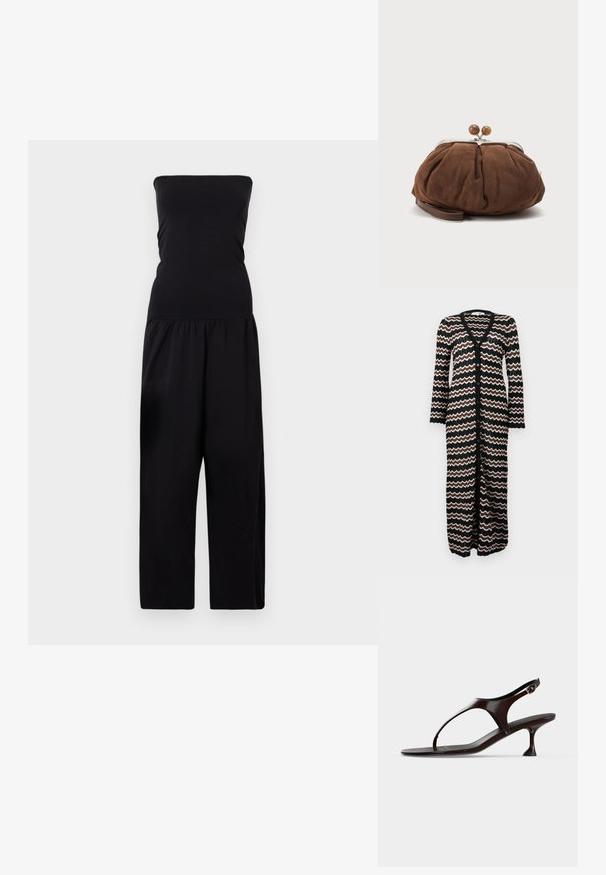 By Malene Birger MARCIEL - Jumpsuit - black; Lange cardigan met een zwarte basis en zigzagpatronen in bruin en crème. Gemaakt van een lichte breiwijze met knopen aan de voorkant.; Donkerbruine lakleren slingbacksandaal met kittenheel en teenbandje op witte achtergrond.; Zachte bruine suède polstasje met zilverkleurige metalen frame en ronde bruine sluitknopjes op een effen lichte achtergrond.