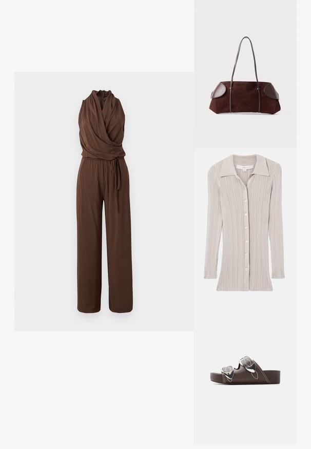 Mouwloze bruine jumpsuit met gedrapeerde V-hals, een strakke taille met een ceintuur en broek met wijde pijpen op een effen achtergrond.; Lichtgrijze geribbelde cardigan met lange mouwen, een gekartelde kraag en zes ronde knopen aan de voorkant. Geverfd stof met verticale lijnen.; Bruine platformslipper met twee verstelbare zilveren gespen en witte contrasterende stiksels, zijaanzicht op witte achtergrond.; Bruine suède tas met leren accenten, gestructureerde vorm, dubbele schouderbanden en ronde randen, met een gladde textuur en minimale hardware.