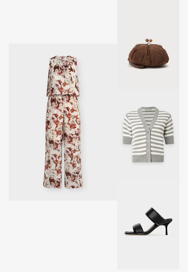 Ärmelloser Jumpsuit mit weiten Beinen, elastischem Bund und einer Mischung aus weißen, braunen und roten Blumenmustern auf hellem Stoff.; Grau-weiß gestreifter Cardigan mit kurzen Ärmeln, V-Ausschnitt und fünf Knöpfen. Stricktextur mit gerippten Kanten.; Schwarze Leder-Mule-Sandale mit zwei breiten Riemen und einem schlanken, mittelhohen Stilettoabsatz auf einem schlichten hellen Hintergrund.; Weiche braune Wildleder-Handgelenktasche mit silbernem Metallrahmen und runden braunen Verschlusskugeln auf schlichtem hellem Hintergrund.