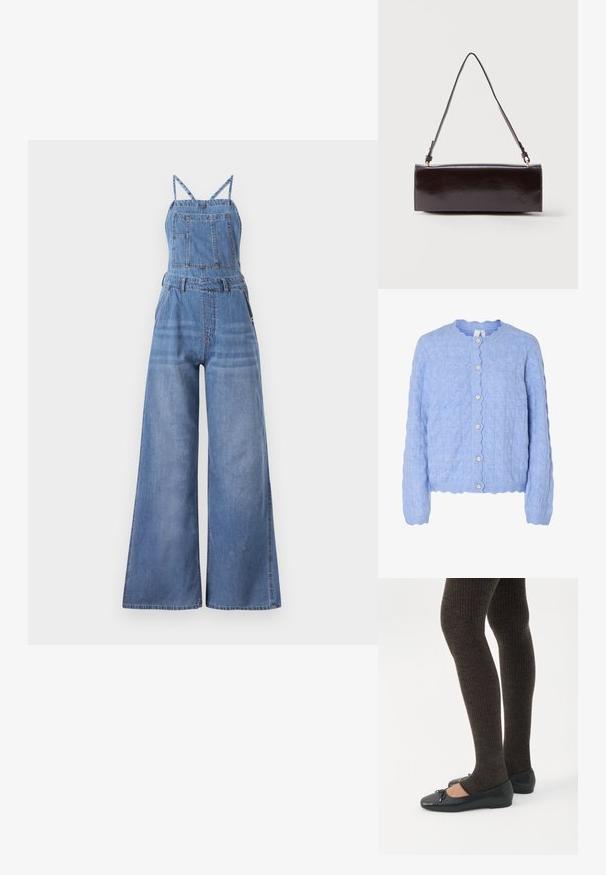 Denim overall kombinéza s širokými nohavicami, nastaviteľnými ramienkami, prednou vreckom a svetlomodrým praním s jemným vyblednutím.; Svetlomodrý pletený kardigán so zúbeným výstrihom, ktorý má károvaný vzor a päť gombíkov podobných perla na prednej strane.; Nohy v tmavých pásikavých legínach v kombinácii s čiernymi balerínkami s malými mašličkami na bielom pozadí.; Obdĺžniková čierna kožená kabelka s jedným dlhým remienkom a lesklým povrchom, vystavená na bielom jednoduchom pozadí.