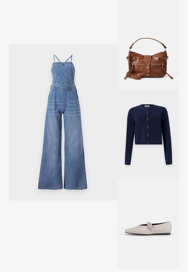 Denim overall jumpsuit med brede ben, justerbare stropper, en frontlomme og en lys blå vask med subtil falming.; JDY JDYCHLOE L/S CARDIGAN KNT NOOS - Cardigan - night sky; Beige læder flad sko med spidse tæer, en sidelukning som accent og en lav sort sål. Glat tekstur og minimalistisk design.; Brun læderhåndtaske med en rund form, to frontlommer med lynlås og en aftagelig skulderrem. Udstyret med hardware og syninger i sølvfarve.