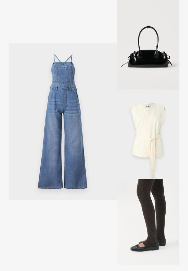 Denim overall kombinéza s širokými nohavicami, nastaviteľnými ramienkami, prednou vreckom a svetlomodrým praním s jemným vyblednutím.; Krémový bezrukávový zavinovací top s opaskom, vyrobený z texturovanej tkaniny a s výstrihom do V. Bez ďalších vzorov alebo okrasných prvkov.; Nohy v tmavých pásikavých legínach v kombinácii s čiernymi balerínkami s malými mašličkami na bielom pozadí.; Malá čierna lesklá kabelka s dvoma dlhými rúčkami a bočnými šnúrkovými detailmi na jednoduchom svetlom pozadí.
