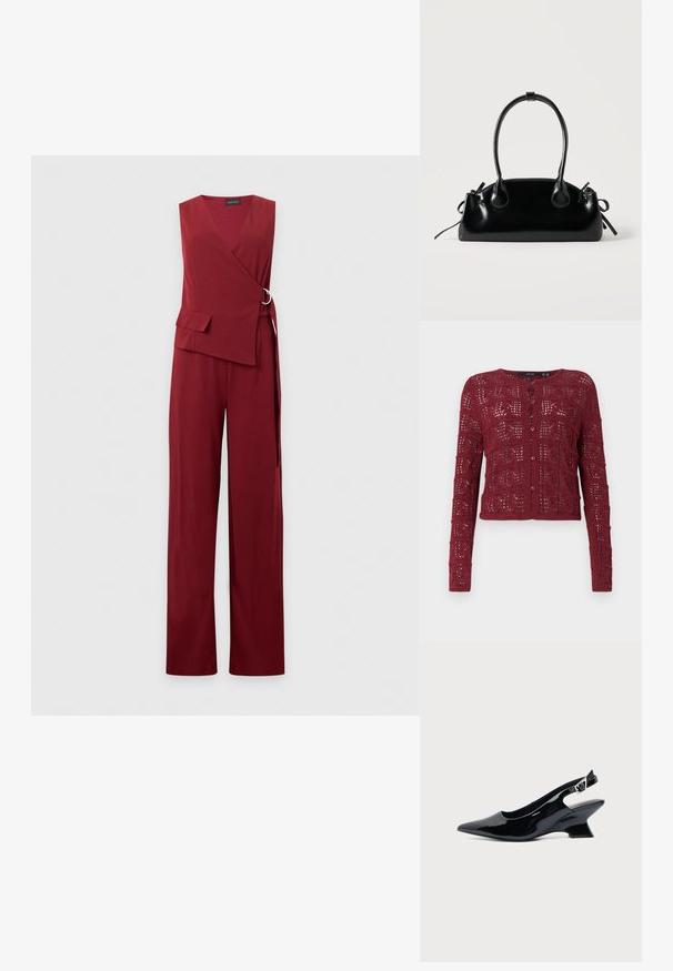 Mono sin mangas de color rojo oscuro con piernas anchas, parte superior envuelta asegurada con una hebilla lateral y una solapa rectangular en el bolsillo del lado derecho.; Cárdigan de punto burdeos con un patrón de tejido abierto texturizado, que presenta un escote redondo y cierre de botones en la parte delantera.; Zapato slingback de cuero charol negro con puntera puntiaguda y tacón bajo en bloque inclinado sobre fondo claro liso.; Pequeño bolso negro brillante con dos asas largas y detalles de cordón lateral sobre un fondo claro liso.