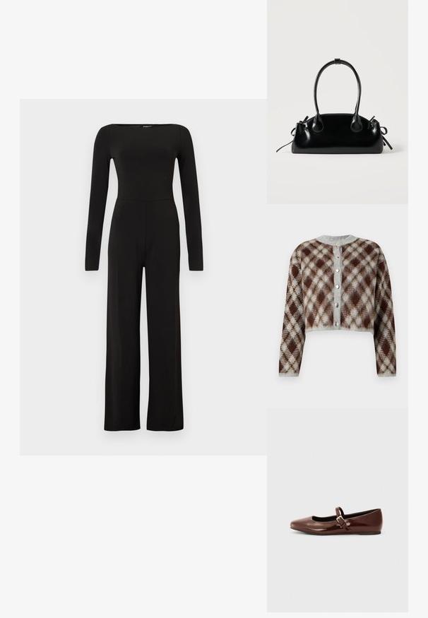 Zwarte jumpsuit met lange mouwen en wijde pijpen, een aangesloten taille en een bootnek, getoond tegen een effen lichte achtergrond.; Korte cardigan in een bruine, grijze en beige ruitpatroon. Voorzien van een ronde hals en vijf zilverkleurige knopen aan de voorkant.; Bruine gepatineerde leren balletschoen met een vierkante neus en een bandje met een kleine gouden gesp. Gladde textuur, lage hak en minimalistisch ontwerp.; Kleine zwarte glanzende handtas met twee lange hengsels en zijkant trekkoord details op een effen lichte achtergrond.