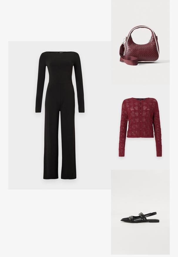 Zwarte jumpsuit met lange mouwen en wijde pijpen, een aangesloten taille en een bootnek, getoond tegen een effen lichte achtergrond.; Bordeaux gebreide cardigan met een gestructureerd open steekpatroon, met een ronde halslijn en knoopsluiting aan de voorkant.; Even&Odd Slingback ballerina´s - black; Donkerrode geweven leren handtas met gebogen handvat, witte bies, zilveren rits en afneembare brede stoffen schouderriem tegen een effen achtergrond.