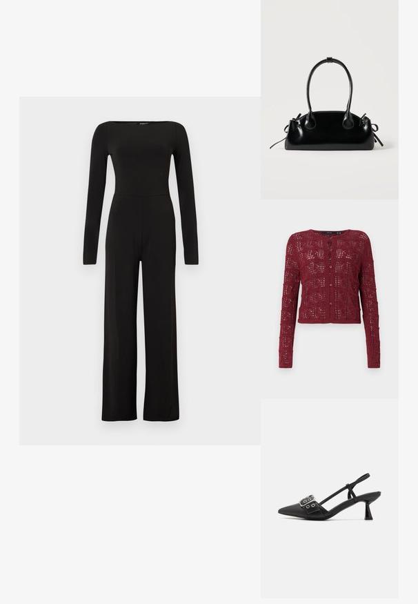 Zwarte jumpsuit met lange mouwen en wijde pijpen, een aangesloten taille en een bootnek, getoond tegen een effen lichte achtergrond.; Bordeaux gebreide cardigan met een gestructureerd open steekpatroon, met een ronde halslijn en knoopsluiting aan de voorkant.; Simmi London DALA - Klassieke pumps - black; Kleine zwarte glanzende handtas met twee lange hengsels en zijkant trekkoord details op een effen lichte achtergrond.