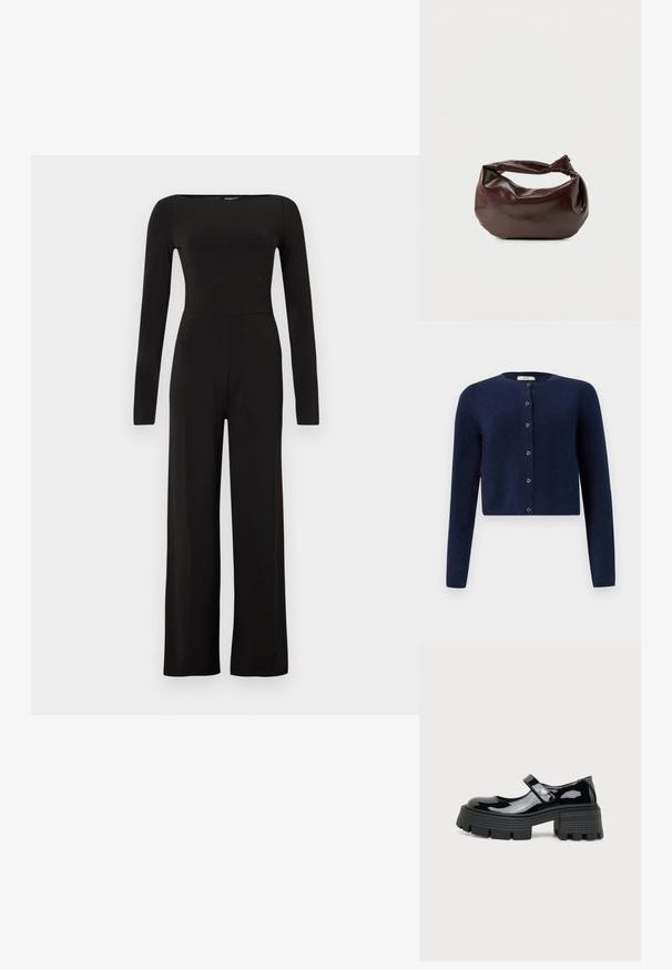 Sort jumpsuit med lange ærmer og vide ben, tætsiddende talje og bådudskæring, vist mod en ensfarvet lys baggrund.; JDY JDYCHLOE LIFE CARDIGAN - Cardigan - night sky; Sort laklæder Mary Jane-sko med kraftig platformsål og hjerteformet detalje på remmen, vist i sidprofil på hvid baggrund.; Mørkebrun læder skuldertaske med en blød, afslappet form og et snoet knudehåndtag på en ensartet hvid baggrund.