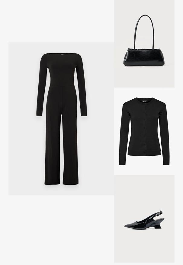Sort jumpsuit med lange ærmer og vide ben, tætsiddende talje og bådudskæring, vist mod en ensfarvet lys baggrund.; Sort cardigan med lange ærmer lavet af strikket materiale, med rund halsudskæring, knapfront og ribbede manchetter og kant. Ingen mønstre eller detaljer.; Sort laklæder slingback sko med spids tå og lav vinklet blokhæl på ensartet lys baggrund.; Sort rektangulær skuldertaske med lange tynde stropper og en glat, blank tekstur på en ensfarvet baggrund.