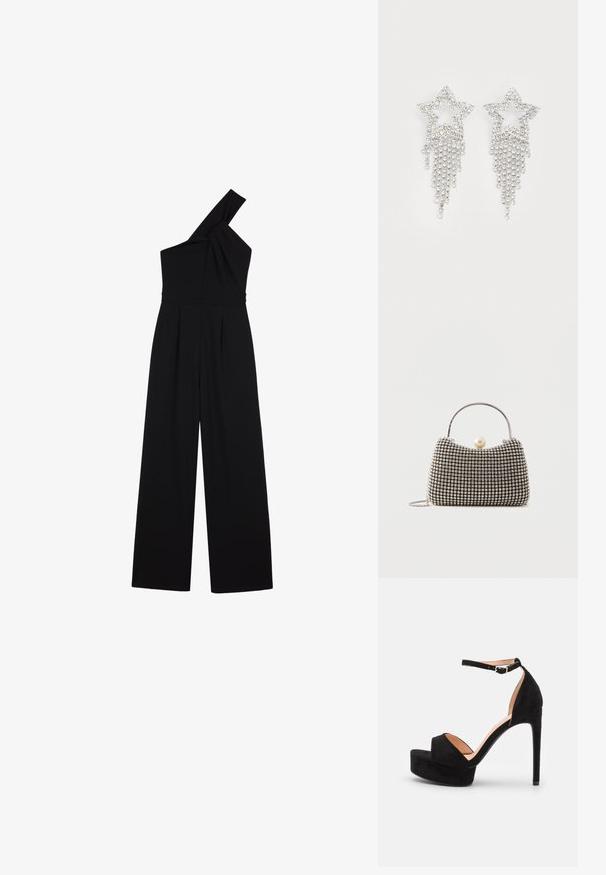 Anna Field by Zalando Jumpsuit - black; Zwarte suède hoge hakken sandaal met een platformzool, enkelband met zilveren beslag, open teen ontwerp en een gladde textuur.; Kleine handtas met zilverkleurig rasterpatroon, gebogen handvat, grote parel sluiting en een dunne zilveren kettingriem op een effen achtergrond.; Rhinestone ster oorbellen met waterval franje, in een zilverkleurige tint en een glanzend, reflecterend oppervlak. Stervorm met ingewikkeld ontwerp.