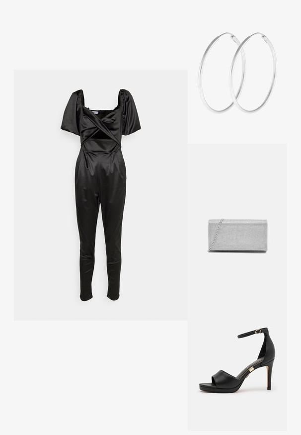WAL G. BENNY - Combinaison - black; Sandale à talons hauts en cuir noir avec bout ouvert et bride au cheville. Présente une finition lisse, un accent doré près du talon, et un design cintré.; Pochette en métal argenté avec un design en maillage tissé, de forme rectangulaire, et une chaîne pour le transport. Texture lisse et finition polie.; Boucles d'oreilles en argent, de forme ronde lisse et finition polie. Les deux boucles d'oreilles sont de la même taille et disposent d'un mécanisme de fermeture sécurisé.