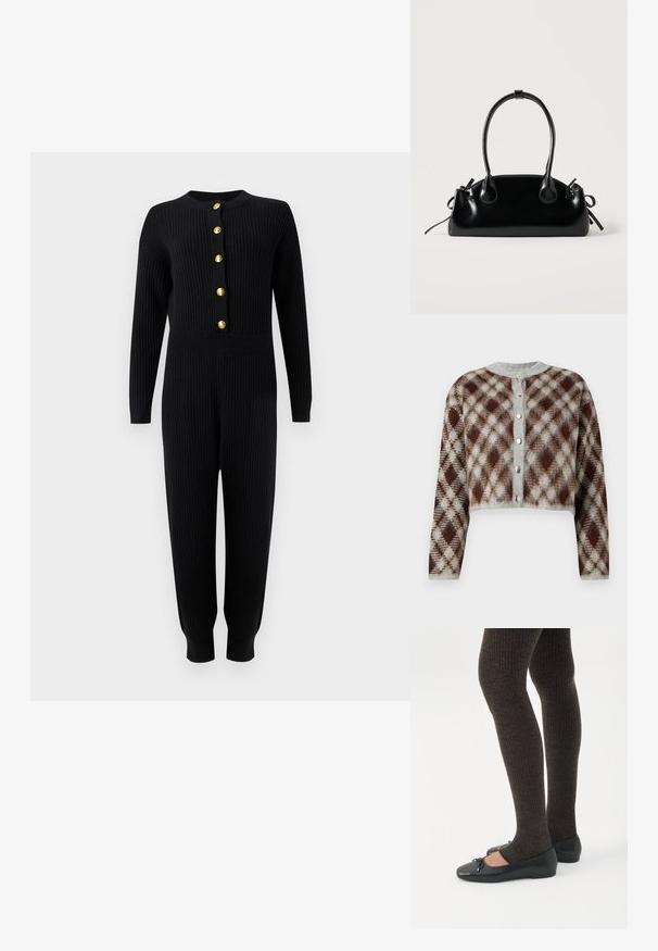 Mono negro de punto acanalado con mangas largas, botones dorados en la parte delantera, cintura ajustada y piernas estrechas que terminan en puños.; Cárdigan recortado en un patrón de diamante en tonos marrón, gris y beige. Presenta un cuello redondo y cinco botones en tono plateado en la parte delantera.; Piernas con leggings oscuros acanalados combinados con bailarinas negras que presentan pequeños detalles de lazo sobre un fondo blanco.; Pequeño bolso negro brillante con dos asas largas y detalles de cordón lateral sobre un fondo claro liso.