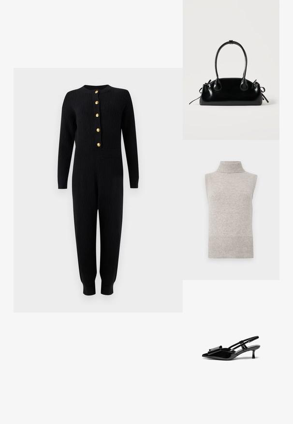 Combinaison en maille côtelée noire à manches longues, boutons dorés sur le devant, taille ajustée et jambes fuselées se terminant par des revers.; Gilet sans manches en tricot beige avec col roulé, bords côtelés aux emmanchures et à l'ourlet, sur un fond blanc.; Talons aiguilles en cuir verni noir avec un bout pointu, un détail en nœud à l'avant et un petit talon stiletto. Les brides sont équipées de boucles ajustables.; Petit sac à main noir brillant avec deux longues anses et des détails à cordon sur les côtés sur un fond clair uni.