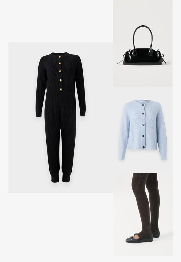 Sort ribstrikket jumpsuit med lange ærmer, guldknapper ned foran, tilpasset talje og koniske ben med manchetter.; Lyseblå cardigan lavet af blødt, ribbet materiale, med rund halsudskæring, lange ærmer og seks sorte knapper nedad foran.; Ben iført mørke ribbede leggings kombineret med sorte balletsko med små sløjfedetaljer på hvid baggrund.; Lille sort blank håndtaske med to lange håndtag og snøre-detaljer i siden på en ensfarvet lys baggrund.