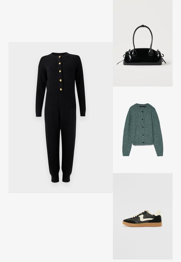 Sort ribstrikket jumpsuit med lange ærmer, guldknapper ned foran, tilpasset talje og koniske ben med manchetter.; Grøn strikket cardigan med rund halsudskæring, lange ærmer og fem mørke knapper foran. Blød tekstur med et hyggeligt udseende.; Sorte ruskinds- og lædersneakers med en cremefarvet side-swoosh og lys cremefarvet hæl. Har beige snørebånd og en gummirubber-sål.; Lille sort blank håndtaske med to lange håndtag og snøre-detaljer i siden på en ensfarvet lys baggrund.