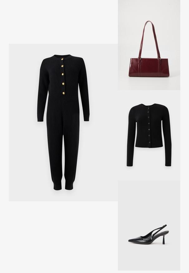 Zwart geribd gebreid jumpsuit met lange mouwen, gouden knopen aan de voorkant, een getailleerde taille en taps toelopende pijpen die eindigen in manchetten.; Zwarte geribbelde lange mouwen cardigan met een ronde halslijn en centrale knoopsluiting, voorzien van metalen knopen en een getailleerde pasvorm.; Zwarte leren slingback hoge hak schoenen met puntige neus en slanke hak op een witte achtergrond.; Bourgondische handtas van glanzend materiaal, rechthoekige vorm, met twee schouderbanden en subtiele gebogen accenten aan de voorkant.