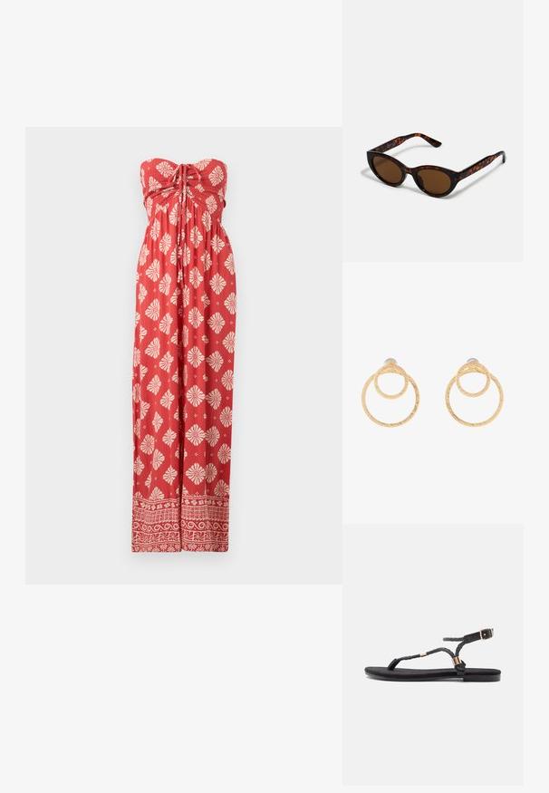 Vestido rojo sin tirantes hasta el suelo con estampados florales y geométricos blancos, que presenta un corpiño fruncido y un detalle de lazo en el pecho.; Sandalias planas negras con tiras trenzadas y un acento metálico. Presentan una hebilla ajustable y una suela de goma plana para mayor comodidad.; Gafas de sol de carey marrón con una forma vintage de ojo de gato y lentes marrones. Presentan brazos curvados con acentos rojos.; Pendientes de aro en tono dorado que presentan dos círculos entrelazados con un acabado texturizado. Diseñados con un respaldo liso y seguro.