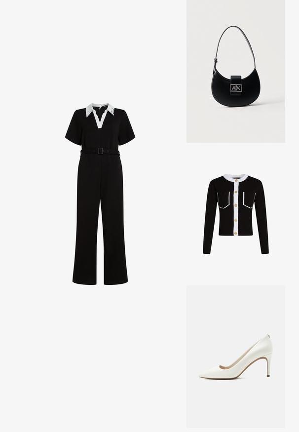 Mono negro con mangas cortas, cuello blanco, cierre frontal, cintura ceñida con cinturón y piernas anchas, confeccionado en una tela suave. Presenta un detalle de logotipo.; Cárdigan negro con mangas largas, tapeta blanca y bolsillos ribeteados. Presenta botones dorados y un cuello blanco acanalado.; Tacón de aguja blanco de cuero con punta afilada, tacón alto y delgado, y acabado suave, mostrado de lado sobre un fondo claro y liso.; Bolso negro en forma de media luna con una correa ajustable única y un broche con el logo A|X plateado en la solapa frontal.