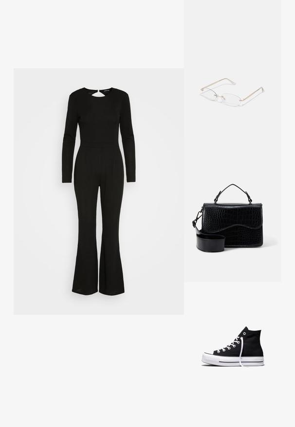 Even&Odd Combinaison - black; Baskets montantes en toile noire avec semelle en caoutchouc blanche et lacets blancs, vues de côté sur un fond blanc.; Lunettes en métal doré avec des verres ovales, des branches fines et des plaquettes de nez transparentes. Présente des accents subtils sur les charnières et des verres transparents.; Sac bandoulière en simili cuir noir avec un motif crocodile texturé, une poignée supérieure et une bandoulière ajustable. Caractéristique : fermeture à rabat incurvé.