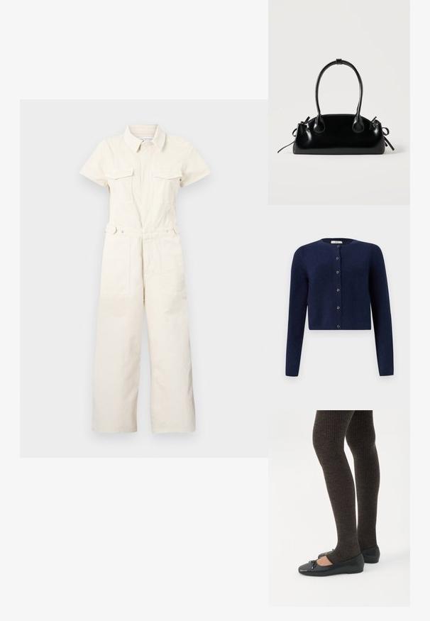 Good American FIT FOR SUCCESS PALAZZO CROPPED - Overal - ecru; JDY JDYCHLOE L/S CARDIGAN KNT NOOS - Kardigán - night sky; Nohy v tmavých pásikavých legínach v kombinácii s čiernymi balerínkami s malými mašličkami na bielom pozadí.; Malá čierna lesklá kabelka s dvoma dlhými rúčkami a bočnými šnúrkovými detailmi na jednoduchom svetlom pozadí.