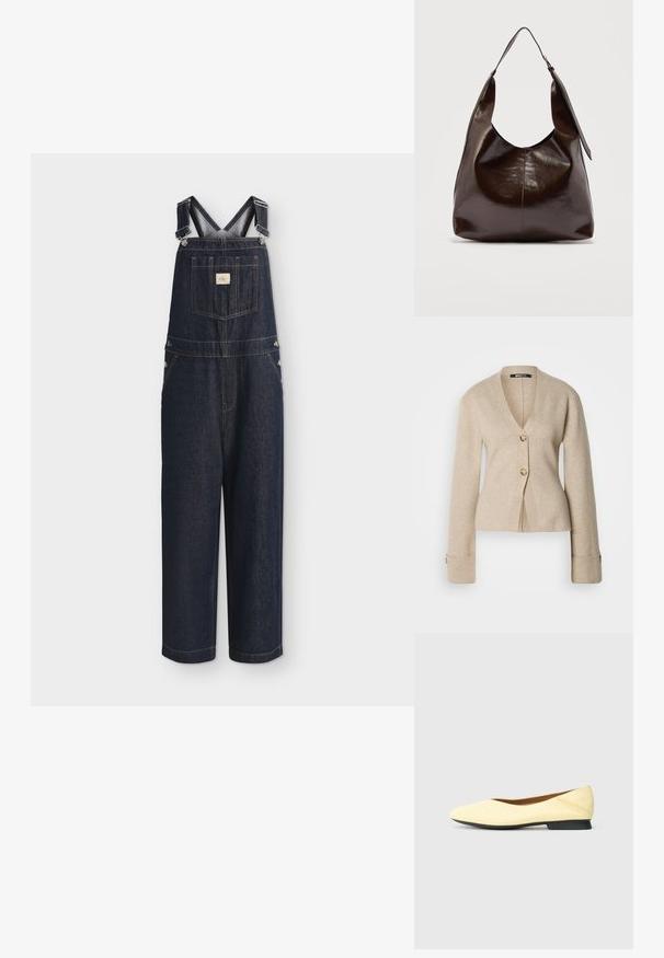 Salopette en denim bleu foncé avec bretelles ajustables, poche poitrine avant avec écusson logo et jambes larges et droites.; Cardigan beige en V avec des manches longues, deux boutons en écaille de tortue à l'avant et des poignets boutonnés, présenté sur fond blanc.; Chaussure plate jaune avec une finition en cuir lisse, bout pointu et petit talon noir. Design minimaliste avec des détails de coutures discrètes.; Sac à bandoulière en cuir marron foncé brillant avec une seule large sangle et un détail de boucle sur un côté, posé sur un fond clair uni.