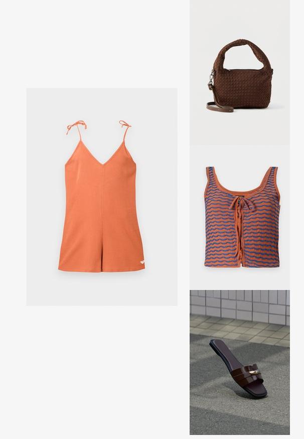 Orange ærmeløs romper med V-hals og justerbare bindebånd, med en lille hvid hjerte-logo nær kanten på en ensfarvet baggrund.; Orange bomulds tanktop med blå bølgede striber, med en scoop halsudskæring og en bindedetalje foran. Glat tekstur, cropped design.; Brun og sort åben-tå slidesandal med en blank rem og metalaccent, stående på asfalt nær en flisebelagt væg.; Brun vævet håndtaske med et rundt håndtag, sølvfarvede detaljer og en justerbar rem. Har lynlåslukning og en struktureret overflade.