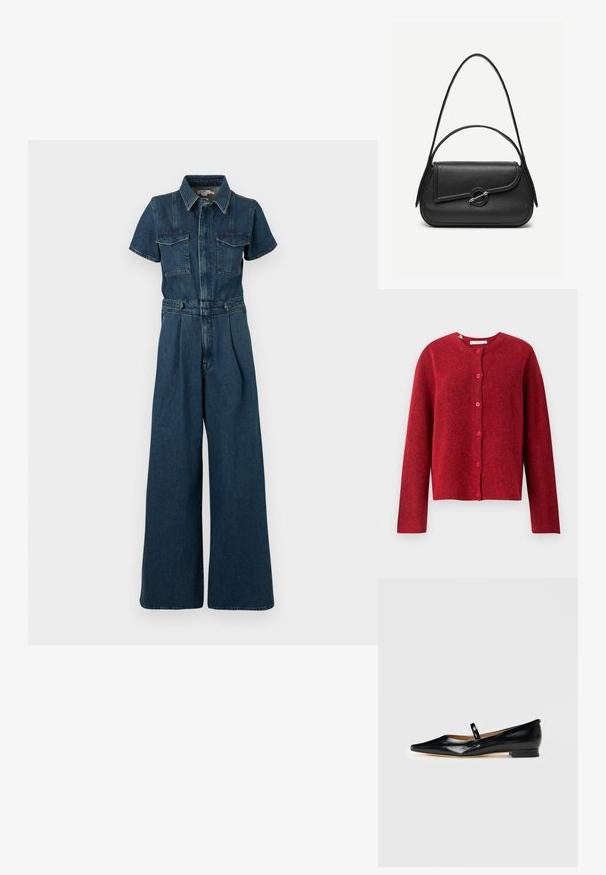 Good American FIT FOR SUCCESS PLEATED WIDE LEG - Lühikeste varrukatega bodi - indigo; Selected SLFLULU - Kardigan - equestrian red; Mustast läikivast nahast terava ninaga Mary Jane tasiasendiga king, millel on üks rihm ja madal konts, ühtlasel taustal.; Mustast nahast käekott ümarate äärtega, asümmeetrilise kaanega, metallist ümar lukk ja nii lühikeste kui ka pikkade õlapaeltega.