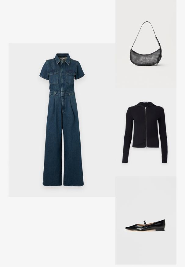 Good American FIT FOR SUCCESS PLEATED WIDE LEG - Buksedragter - indigo; Sort ribbet zip-hoodie lavet af strækstof, med lange ærmer, et tætsiddende design og en lille hætte. Lynlåsen går fra nakken til kanten.; Sorte patenterede læder Mary Jane flade sko med spids tå, én rem og lav hæl på ensfarvet baggrund.; Lille sort mesh skuldertaske i halvmåneform med justerbar tynd rem, sat mod en ensfarvet lys baggrund.