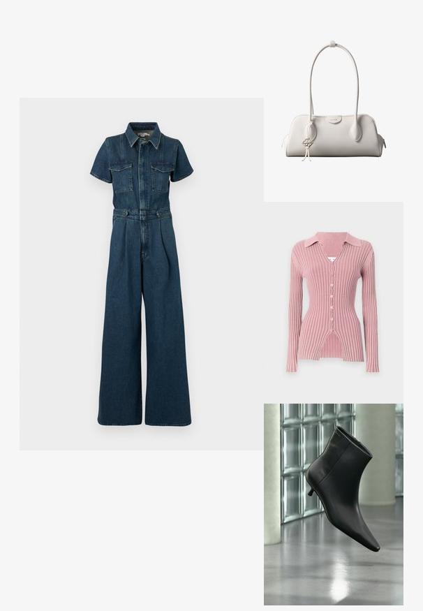Good American FIT FOR SUCCESS PLEATED WIDE LEG - Mono - indigo; Cardigan de manga larga y canalé en rosa claro, con un cuello con solapas, escote en V y cierre de cinco botones con un distintivo dobladillo dividido.; Botín negro de cuero con punta puntiaguda y tacón bajo estilo kitten, mostrado en ángulo sobre un suelo pulido y con una pared de bloques de vidrio de fondo.; Bolso de hombro blanco de Calvin Klein con asas largas, forma rectangular, cierre de cremallera y charm decorativo con el logo colgando cerca del asa.