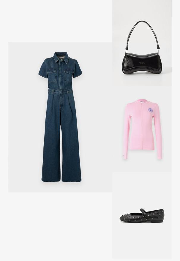 Good American FIT FOR SUCCESS PLEATED WIDE LEG - Lühikeste varrukatega bodi - indigo; Hele roosa pikade varrukatega tõmblukuga topp ümmarguse kaelusega, vasakul rinnal sinise logoga embleem. Sile kangas ja kitsas disain.; Mustad musta nahast korterid ümmarguse varbaga, millel on rihm ja hõbedased nurgad ülevalt. Sile tekstuur ja madal konts.; Must musta nahk käekott, millel on kumer kuju, üks käepide ja ümardatud põhi. Ees on peen logo detail.
