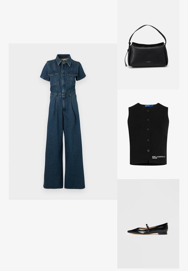 Good American FIT FOR SUCCESS PLEATED WIDE LEG - Lühikeste varrukatega bodi - indigo; Must tumeel kooted vest, millel on ümar kaelus, kuus nööbi sulgemist ja valges õmmeldud "KARL LAGERFELD JEANS" alumisel vasakul küljel.; Mustast läikivast nahast terava ninaga Mary Jane tasiasendiga king, millel on üks rihm ja madal konts, ühtlasel taustal.; Must kaasnahast käekott, millel on kõver kuju, üks rihm ja ülemine tõmblukk. Ees on peen logo brändingu jaoks.