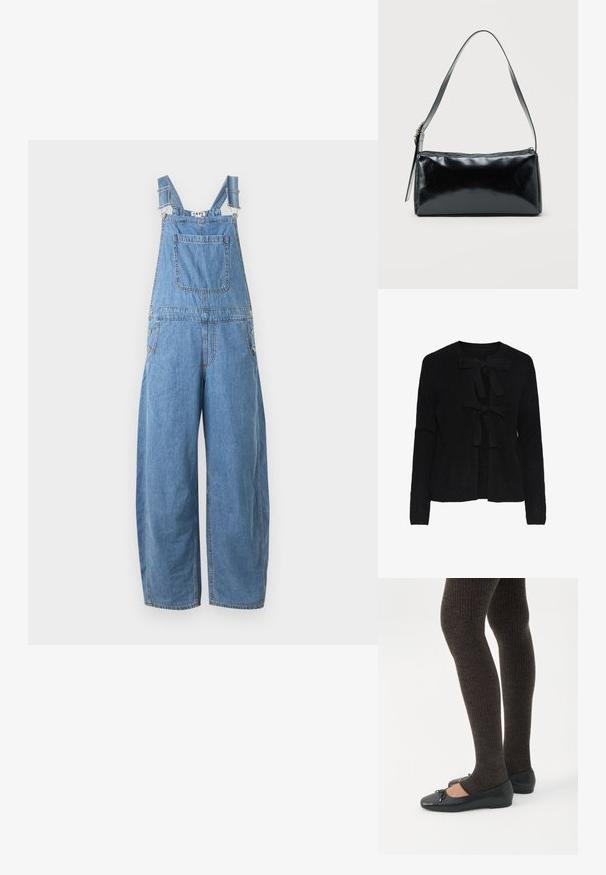 Salopette en denim bleu avec bretelles réglables, poche poitrine avant, boutons latéraux et pantalons à jambes larges.; Cardigan noir en tricot avec un col rond, présentant deux liens sur le devant et un motif texturé. Manches longues et longueur cropped.; Jambes portant des leggings côtelés foncés associés à des ballerines noires avec de petits détails en nœud sur fond blanc.; Sac d'épaule rectangulaire noir avec une sangle réglable unique et une fermeture éclair supérieure sur un fond uni.