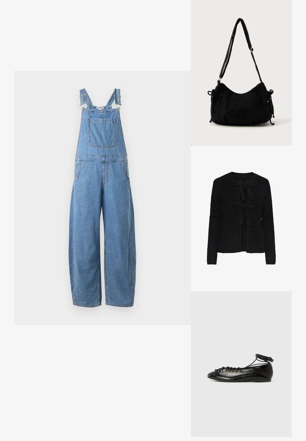 Salopette en denim bleu avec bretelles réglables, poche poitrine avant, boutons latéraux et pantalons à jambes larges.; Cardigan noir en tricot avec un col rond, présentant deux liens sur le devant et un motif texturé. Manches longues et longueur cropped.; Ballerines en cuir verni noir avec un bout rond, un design à lacets et une semelle plate. Texture lisse avec peu de détails.; Sac à épaule en velours côtelé noir avec une forme courbée, bandoulière réglable et fermetures à cordon des deux côtés pour un ajustement de taille.