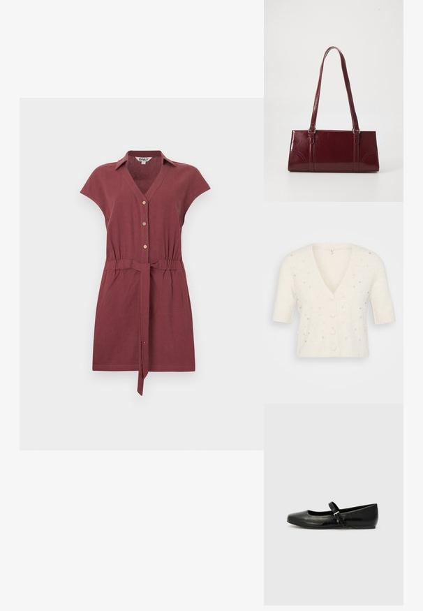 Bordeauxrotes Kurzarmkleid mit Kragen, Frontknöpfen, tailliertem Schnitt und Bindegürtel, präsentiert vor einem schlichten hellen Hintergrund.; Kurzärmlige V-Ausschnitt-Cardigan in Cremefarbe, aus weichem Material gefertigt, mit dekorativen Perlen- und Strassverzierungen sowie Knopfverschluss.; Schwarze Leder-Ballerinas mit einer runden Spitze, einer flachen Sohle und einem dünnen, verstellbaren Riemen über dem Spann mit einer Metallschnalle.; Burgunderfarbene Handtasche aus glänzendem Material, rechteckige Form, mit zwei Schulterriemen und subtilen, geschwungenen Akzenten an der Vorderseite.