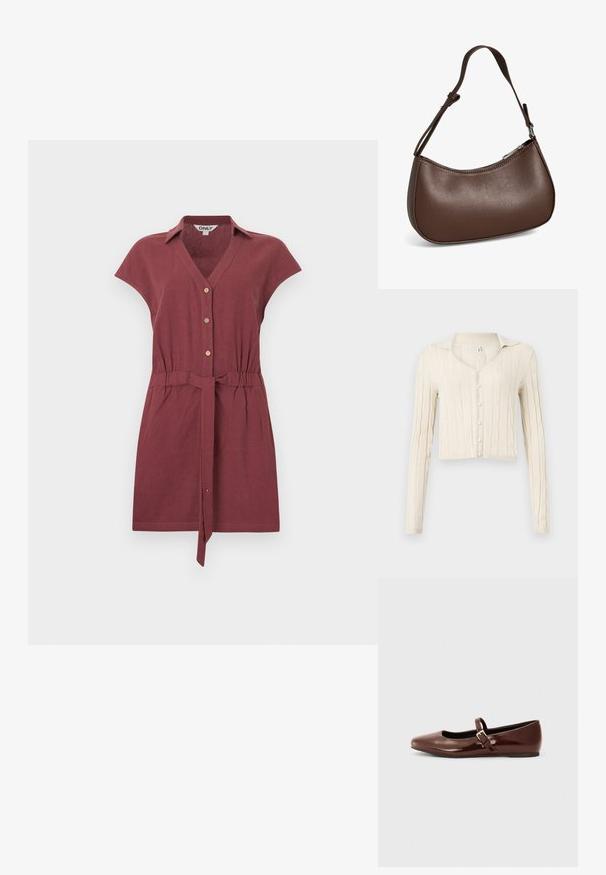 Robe bordeaux à manches courtes avec col, boutons à l'avant, taille cintrée et ceinture nouée, présentée sur un fond clair uni.; Cardigan en tricot côtelé de couleur crème avec des manches longues, un décolleté en V et cinq boutons en perles sur le devant. Design court.; Ballerine en cuir verni marron avec un bout carré et une lanière ornée d'une petite boucle dorée. Texture lisse, talon bas et design minimaliste.; Petit sac bandoulière en cuir marron avec sangle réglable et fermeture éclair, présenté sur fond blanc. Aucun logo ou décoration visible.
