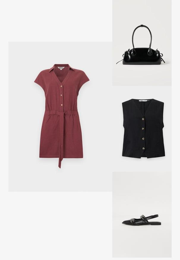 Robe bordeaux à manches courtes avec col, boutons à l'avant, taille cintrée et ceinture nouée, présentée sur un fond clair uni.; Gilet noir sans manches avec col en V et quatre boutons marron sur le devant, présentant deux petites poches fendues sur les côtés.; Even&Odd Ballerines à brides arrière - black; Petit sac à main noir brillant avec deux longues anses et des détails à cordon sur les côtés sur un fond clair uni.