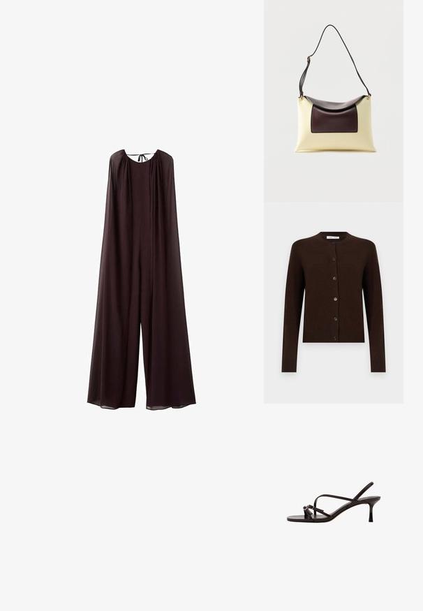 Combinaison fluide de couleur violette foncée avec un design ressemblant à une cape, un col rond et une fermeture à nouer dans le dos ; elle présente une coupe à jambes larges et une texture lisse.; Cardigan à manches longues boutonné de couleur brun foncé, avec un col rond et des poignets et un ourlet côtelés, présenté sur un fond uni.; Sandale noire en cuir à talon haut avec fines lanières, bout ouvert et talon slingback, présentée sur fond blanc.; Sac à bandoulière en cuir crème et marron foncé avec rabat incurvé et sangle noire ajustable sur fond blanc.