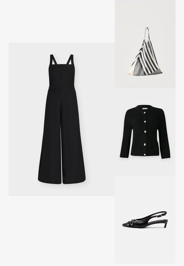 Sort buksedragt med vide ben, firkantet udskæring og tykke skulderstropper, med en tætsiddende krop og høj talje.; JDY JDYJANNE O NECK CARDIGAN - Cardigan - black; Sort læder slingback sko med spids tå, tre sølvspænder på forsiden og lav lille hæl på hvid baggrund.; Sort-hvid stribet trekantet stofpose med en enkelt skulderrem, stående oprejst på en ensfarvet lys baggrund.