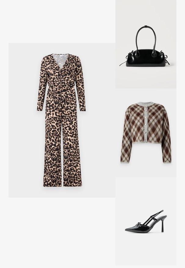Mono de estampado de leopardo con mangas largas y un diseño envolvente. Hecho de tejido suave, con un fondo beige y acentos negros.; Cárdigan recortado en un patrón de diamante en tonos marrón, gris y beige. Presenta un cuello redondo y cinco botones en tono plateado en la parte delantera.; Zapato tipo slingback de charol negro con tacón alto, punta puntiaguda, tacón delgado y doble tira cruzando el empeine.; Pequeño bolso negro brillante con dos asas largas y detalles de cordón lateral sobre un fondo claro liso.