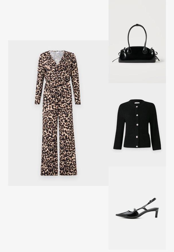Combinaison imprimée léopard avec des manches longues et un design croisé. Fabriquée en tissu doux, elle présente un fond beige et des accents noirs.; JDY JDYJANNE O NECK CARDIGAN - Gilet - black; Chaussure slingback en cuir verni noir à bout pointu, petit talon et deux brides réglables avec boucles, vue de profil latéral.; Petit sac à main noir brillant avec deux longues anses et des détails à cordon sur les côtés sur un fond clair uni.
