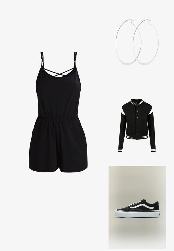 Zwarte romper met dunne spaghettibandjes, kruislingse details bij de halslijn en een elastische taille. Glad materiaal en korte lengte.; Zwarte varsityjack met witte accenten, geribde manchetten en zoom, knoopsluiting, twee zijzakken, gemaakt van zachte stof. Klassiek sportief ontwerp.; Lage zwarte sneaker met witte zijstreep, witte veters, witte rubberen zool en gestructureerde neus op een neutrale achtergrond.; Zilveren oorringen met een dun, glad ontwerp; langwerpige ovale vorm; gepolijste afwerking; voorzien van een veilige haaksluiting.
