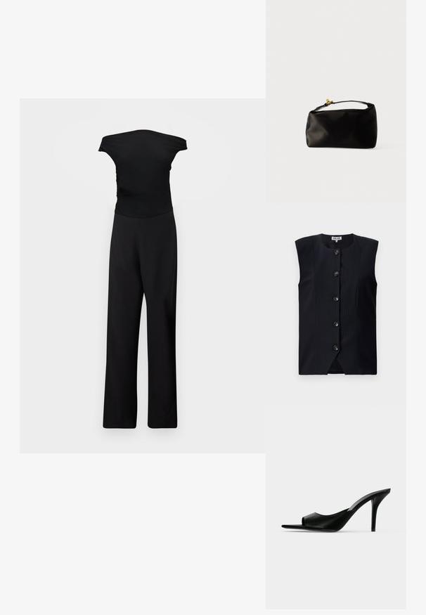 Sort ærmeløs jumpsuit med vide ben og en figursyet overdel, vist mod en ensfarvet lysegrå baggrund.; Mørkeblå ærmeløs vest med lige snit, lodrette striber og seks knapper foran, med en rund halsudskæring og en let slids i bunden.; Sort læder åben tå højhælet mule med en slank stilet hæl, vist i sideprofil på en ensfarvet baggrund.; Sort satinpung med en afrundet form, et håndtag i toppen og en guldaccentlås. Glat tekstur med et minimalistisk design.