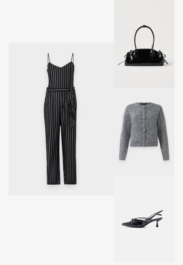 Zwart-wit gestreepte jumpsuit met een V-hals, dunne bandjes en een strik taille. Het materiaal lijkt lichtgewicht met een gladde textuur.; Grijze gebreide cardigan met textuur, lange mouwen en vier grote decoratieve knopen aan de voorkant.; Zwarte slingback pump van lakleer met een spits toelopende neus, lage kittenhak en decoratieve knoopstrik aan de voorkant.; Kleine zwarte glanzende handtas met twee lange hengsels en zijkant trekkoord details op een effen lichte achtergrond.