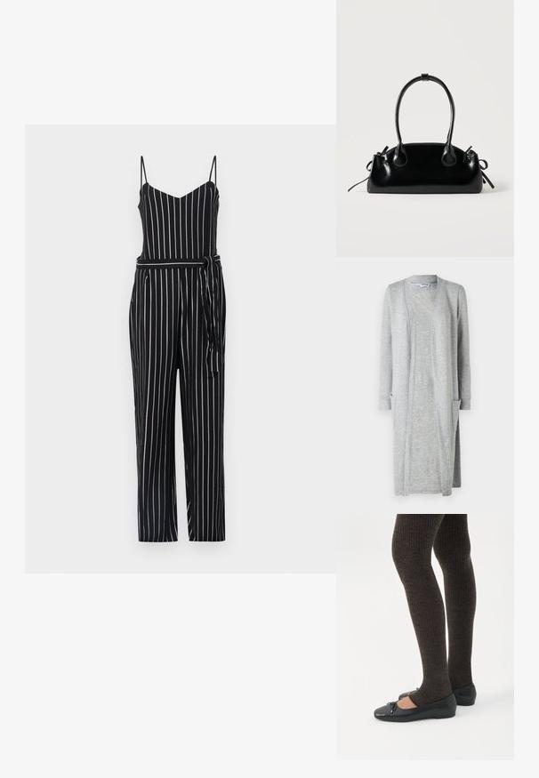 Zwart-wit gestreepte jumpsuit met een V-hals, dunne bandjes en een strik taille. Het materiaal lijkt lichtgewicht met een gladde textuur.; Grijze lange cardigan van zachte, gestructureerde stof, met een open voorkant en twee opgestikte zakken aan de voorkant.; Benen met donkere geribbelde leggings gecombineerd met zwarte ballerina's met kleine strikdetails op een witte achtergrond.; Kleine zwarte glanzende handtas met twee lange hengsels en zijkant trekkoord details op een effen lichte achtergrond.