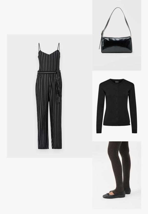 Combinaison rayée noir et blanc avec un décolleté en V, des bretelles fines et une taille à nouer. Le matériau semble léger avec une texture lisse.; Cardigan noir à manches longues en maille, doté d'un col rond, d'une fermeture à boutons et de bords côtelés aux poignets et à l'ourlet. Aucun motif ni accent.; Jambes portant des leggings côtelés foncés associés à des ballerines noires avec de petits détails en nœud sur fond blanc.; Sac d'épaule rectangulaire noir avec une sangle réglable unique et une fermeture éclair supérieure sur un fond uni.