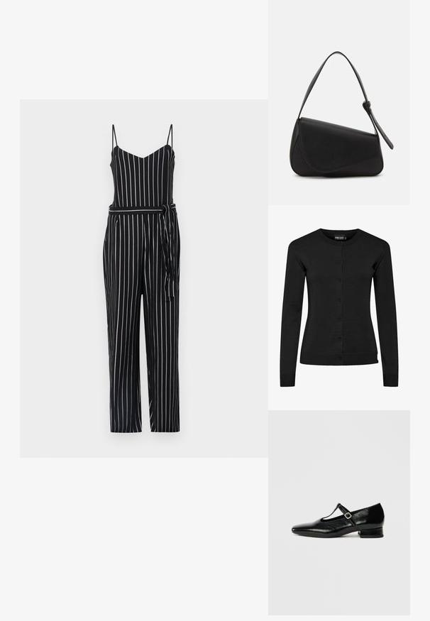 Sorte og hvide stribede jumpsuit med v-udskæring, fine stropper og båndelastik i taljen. Materialet ser letvægtsagtigt ud med en glat tekstur.; Sort cardigan med lange ærmer lavet af strikket materiale, med rund halsudskæring, knapfront og ribbede manchetter og kant. Ingen mønstre eller detaljer.; Sorte Mary Jane-sko i læder med spids tå, lille blokhæl og justerbar rem med sølvspænde. Glat, blank tekstur.; Sort læderhåndtaske med en triangular form, skrå klap og et rundt håndtag. Har en glat overflade og minimalistiske design detaljer.