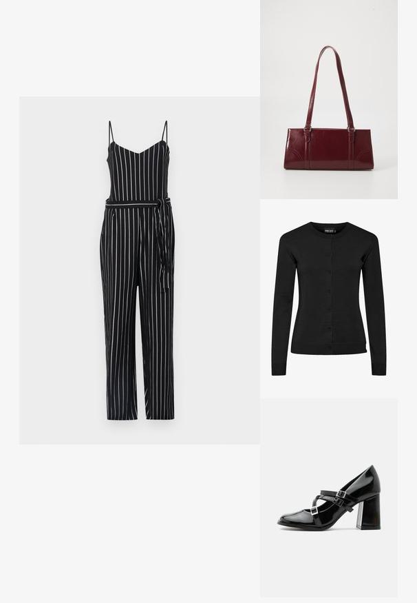 Sorte og hvide stribede jumpsuit med v-udskæring, fine stropper og båndelastik i taljen. Materialet ser letvægtsagtigt ud med en glat tekstur.; Sort cardigan med lange ærmer lavet af strikket materiale, med rund halsudskæring, knapfront og ribbede manchetter og kant. Ingen mønstre eller detaljer.; Skinnende sort Mary Jane-stilet med tre spænder og en kraftig blokhæl, vist i sideprofil mod en hvid baggrund.; Bordeaux håndtaske lavet af glansfuldt materiale, rektangulær form, med to skulderremme og subtile buede detaljer på forsiden.