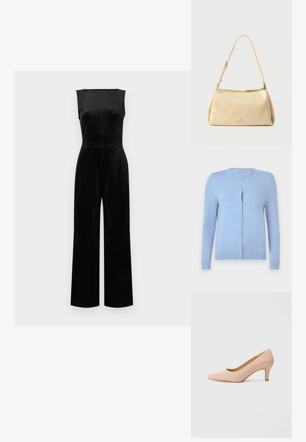 Ärmelloser schwarzer Samt-Overall mit hohem Ausschnitt und weit geschnittenen Hosenbeinen, gestaltet in einem minimalistischen Design.; Hellblauer Strickcardigan mit rundem Halsausschnitt, langen Ärmeln und sieben perlenähnlichen Knöpfen vorne, das Etikett trägt die Aufschrift "Anna Field".; Spitz zulaufender, lackierter rosa High Heel mit niedrigem Absatz, der eine glatte, glänzende Oberfläche und einen subtilen, offenen V-förmigen Schnitt an der Vorderseite aufweist.; Beige rechteckige Schultertasche mit verstellbarem Riemen und Reißverschluss, mit kleinem "Anna Field"-Logo in der Mitte vorne.