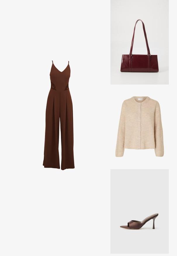 Mono marrón con escote en V, tirantes finos, detalles de encaje cortados en los laterales y pantalones de pierna ancha con diseño plisado.; Cárdigan de punto beige claro con mangas largas, cuello redondo y seis botones en la parte delantera, hecho de tela suave y texturizada.; Mule marrón de satén con punta abierta, con un tacón delgado de altura media y diseño slip-on sobre un fondo blanco liso.; Bolso burdeos hecho de material brillante, de forma rectangular, con dos asas para el hombro y sutiles acentos curvados en la parte frontal.