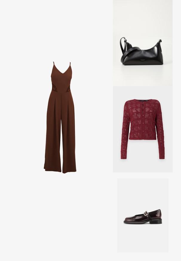 Bruine jumpsuit met een V-hals, dunne bandjes, uitgesneden kanten details aan de zijkanten en wijde broekspijpen met geplooid ontwerp.; Bordeaux gebreide cardigan met een gestructureerd open steekpatroon, met een ronde halslijn en knoopsluiting aan de voorkant.; Enkele glanzende donker bordeauxrode Mary Jane schoen met brede band en zilveren gesp, lage blokhak en afgeronde neus op witte achtergrond.; Zwarte leren handtas met een gladde textuur. Beschikt over een verstelbare schouderband en een strak, minimalistisch ontwerp met een ritssluiting.